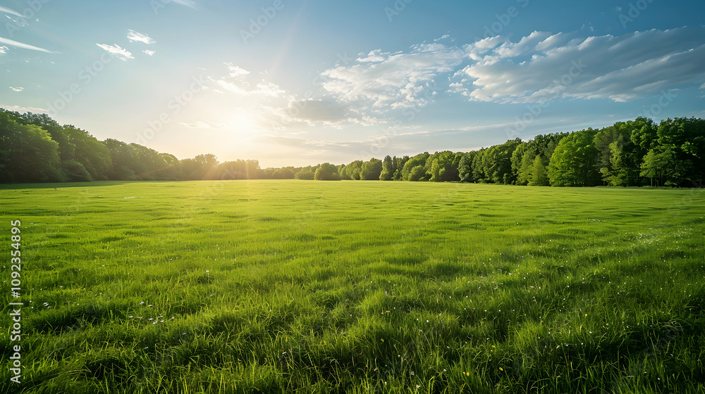 Obraz premium Lush green meadows under a vast, clear sky, wide-angle photography