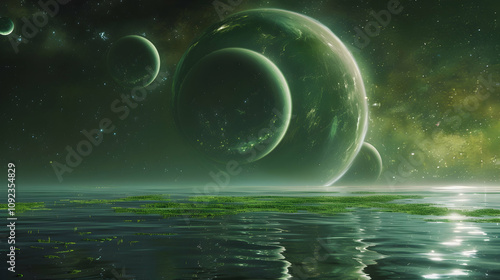 Lush green exoplanet with multiple moons rising over a serene ocean, beneath a canopy of bright stars in a distant galaxy