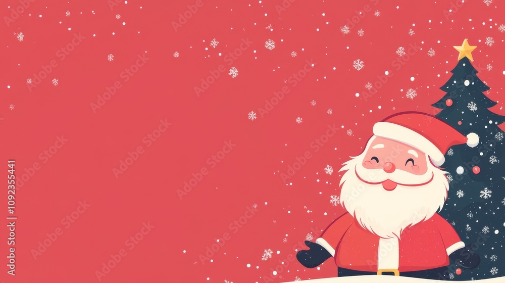 Background with cartoon santa claus and Christmas tree on red background Background with cartoon santa claus and Christmas tree on red background