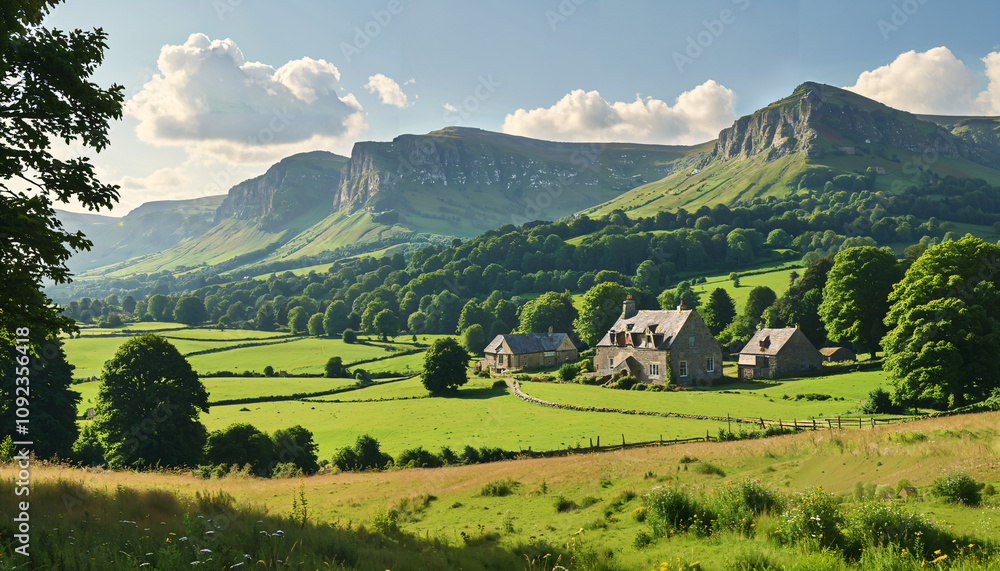 Obraz premium Maison de campagne au pied des montagnes verdoyantes