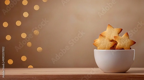 Making holidays festive celebration symbol conceptA cozy bowl of star-shaped cookies sits on a wooden surface, with soft golden bokeh lights in the background, creating a warm and inviting atmosphere. photo