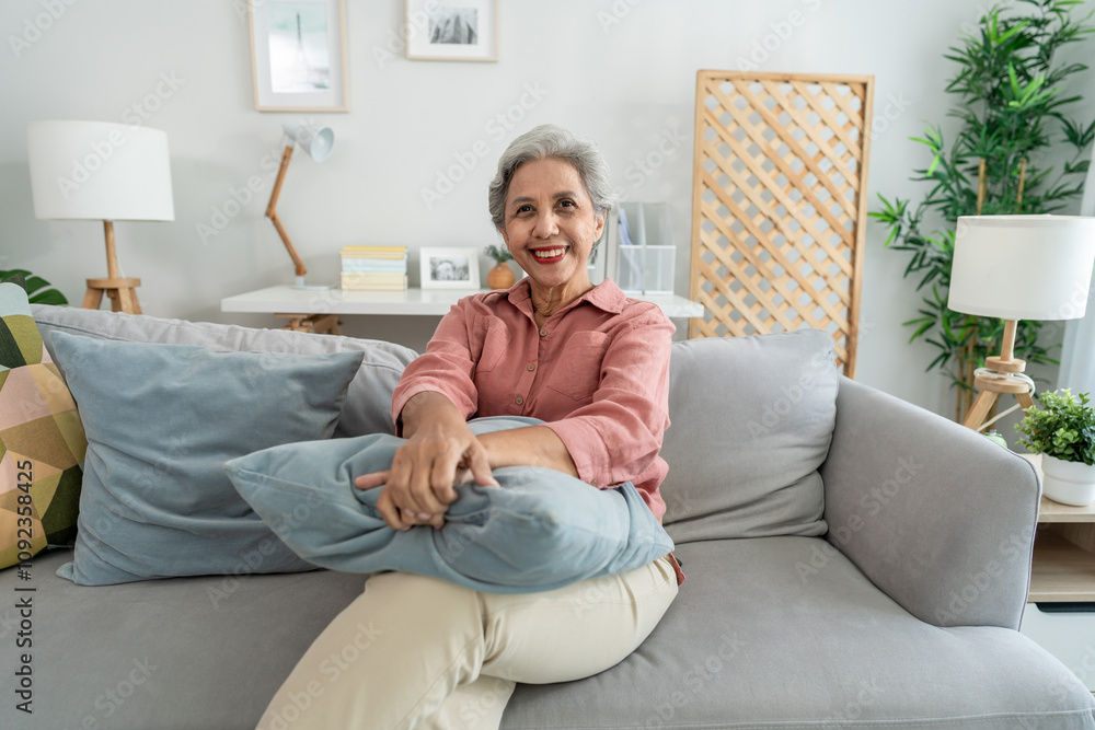 Portrait of senior woman smiling, looking at camera in living room at home. Portrait of senior woman smiling, looking at camera in living room at home.