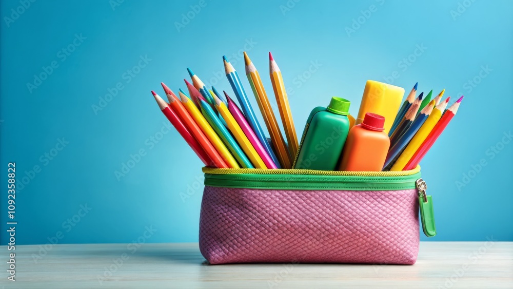 Fototapeta premium Creative Pencil Case Illustrating School Supplies with Vibrant Colors and Clear Copy Space for Educational Themes and Back-to-School Promotions