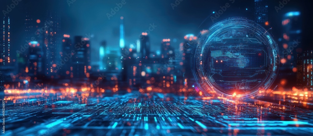 Futuristic cityscape with a digital globe interface. Futuristic cityscape with a digital globe interface.