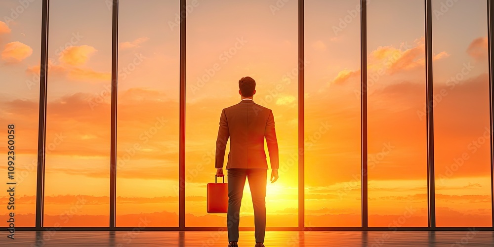 Fototapeta premium A silhouette of a man in business attire stands by a large window, gazing at a vibrant sunset, symbolizing ambition and new beginnings.