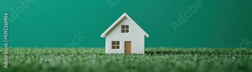 Wallpaper Mural A small, minimalist house model sits on vibrant green grass, set against a solid teal background. Torontodigital.ca