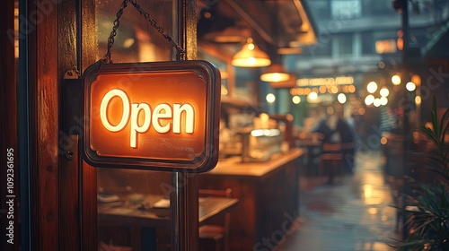 Illuminated Open Sign Hanging In A Cozy Cafe photo