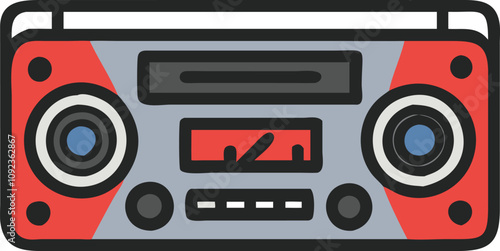 Colorful Retro Stereo with Dual Speakers, Illustration of a retro stereo system with buttons, dials, and dual speakers in vibrant colors, perfect for vintage audio themes.
