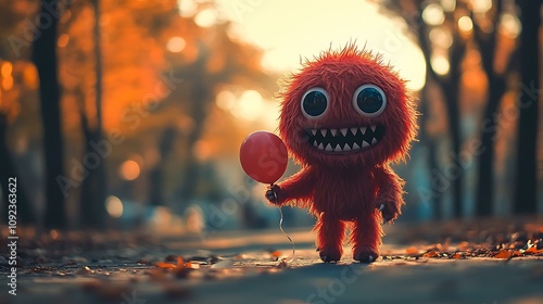 A cute monster toy with big expressive eyes and sharp teeth, holding a balloon, in a playful park setting