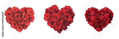 Three heart shapes made of red roses, symbolizing love and affection.
