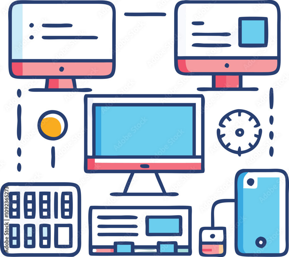 Network of Connected Electronic Devices, Flat illustration depicting interconnected devices, including monitors, laptops, speakers, and servers, symbolizing technology networks and digital connectivit Network of Connected Electronic Devices, Flat illustration depicting interconnected devices, including monitors, laptops, speakers, and servers, symbolizing technology networks and digital connectivit
