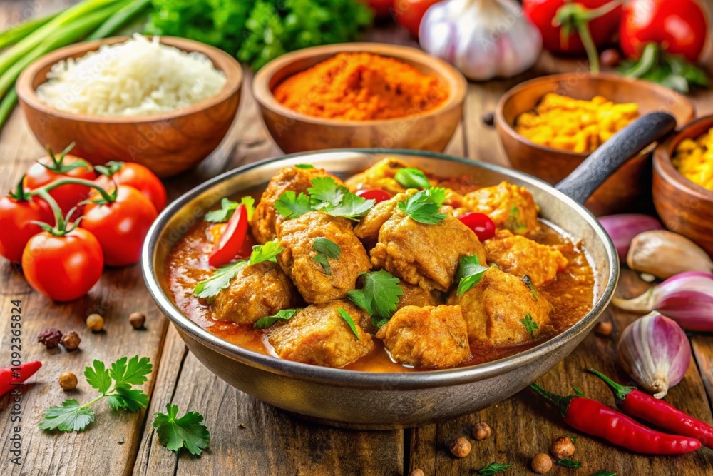 A large bowl of red curry is served on a wooden table with a variety of vegetabl A large bowl of red curry is served on a wooden table with a variety of vegetabl