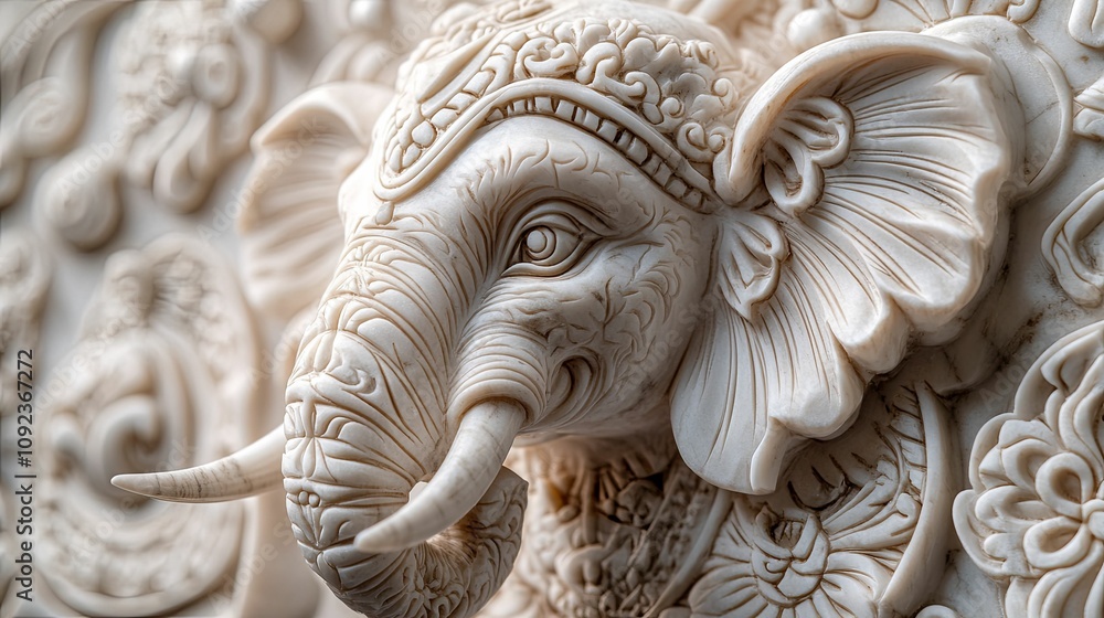 Intricate Carved Elephant Head Decorated With Floral Designs Intricate Carved Elephant Head Decorated With Floral Designs