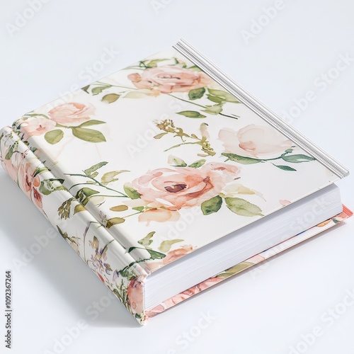 Floral journal with watercolor rose pattern on white background for creative writing and inspiration photo