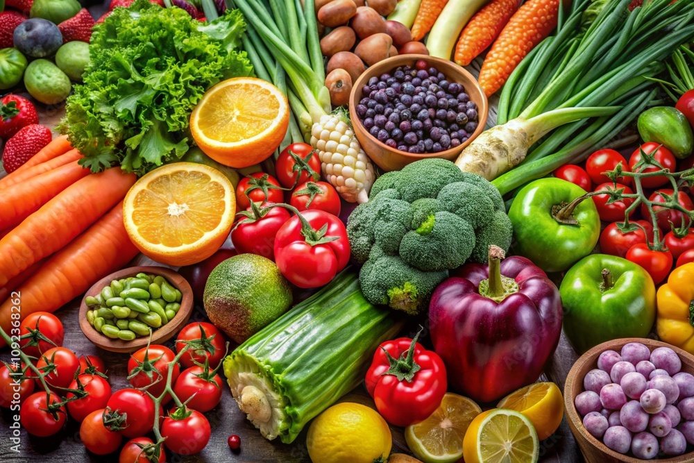 A table full of fresh fruits and vegetables, including apples, oranges, grapes A table full of fresh fruits and vegetables, including apples, oranges, grapes