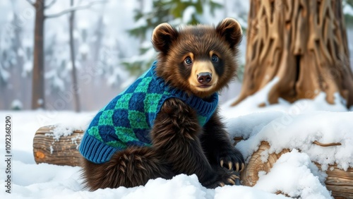 Adorable Brown Bear Cub in Snowy Forest Wearing Blue Plaid Sweater, Perfect for Winter Greeting Cards and Holiday Decorations
