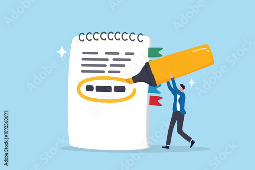 Highlight important note, serious essential word in highlight circle or underline, marked critical, vital or significant, spotlight attention concept, businessman highlight pen circle important note.