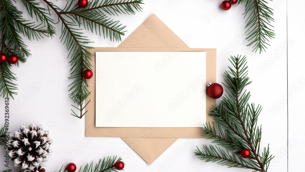 Elegant Christmas Greeting Card Template with Pine Branches, Red Berries, and Pinecones for Festive Holiday Wishes Elegant Christmas Greeting Card Template with Pine Branches, Red Berries, and Pinecones for Festive Holiday Wishes