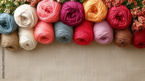 Colorful Yarn Balls With Flowers On Textured Fabric with copy-space photo