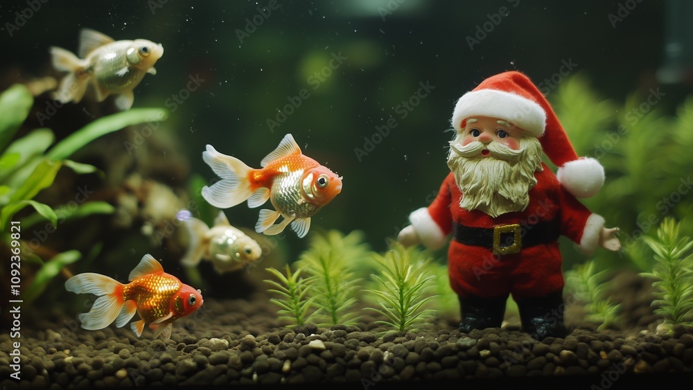 Obraz premium Santa model and Goldfish in aquarium with green plants 