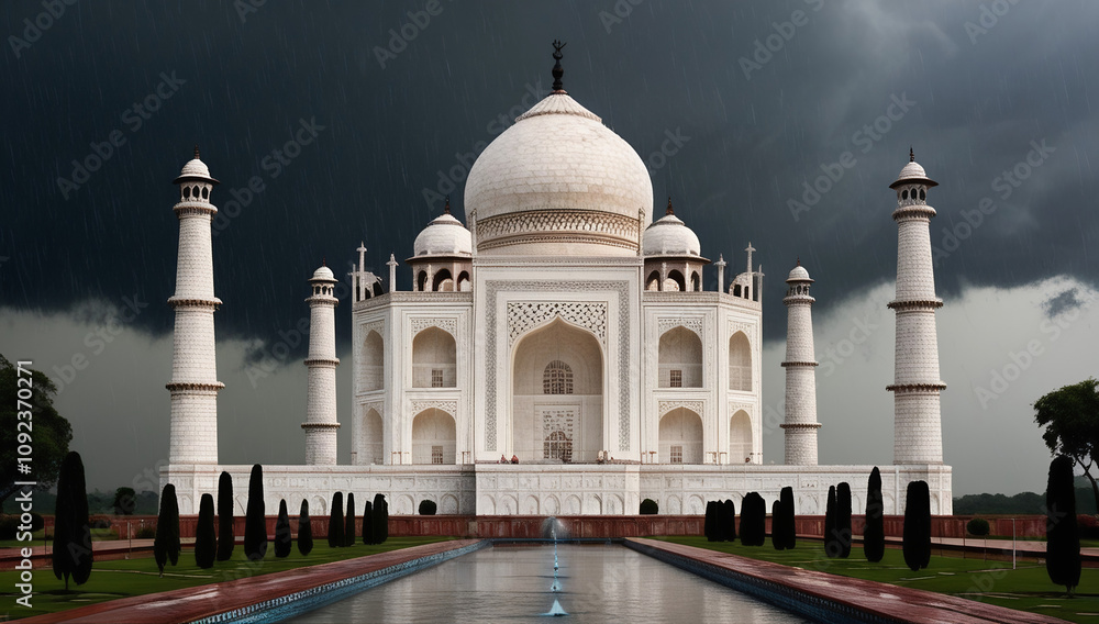 Naklejka premium Taj Mahal During Monsoon: Rain-Soaked Elegance: The Taj Mahal
