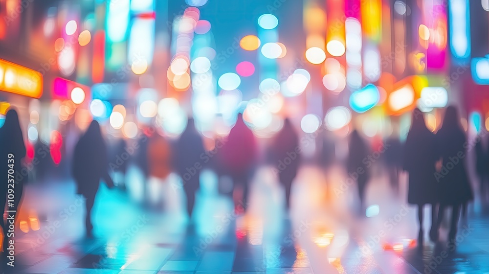 Fototapeta premium City Streets at Night with People Walking, Neon Lights, Blurred Motion, Reflections, Bokeh Effect, and Urban Backdrop, Nightlife Cityscape Wallpaper