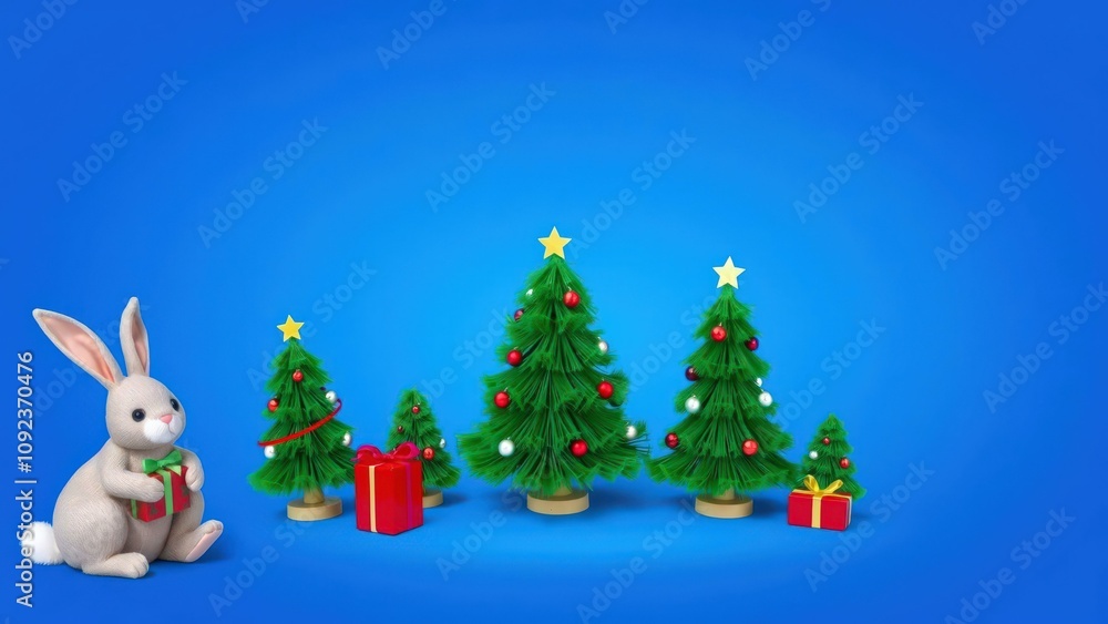Naklejka premium Adorable Easter Bunny with Christmas Trees and Gifts, Perfect for Holiday Decorations and Celebrations