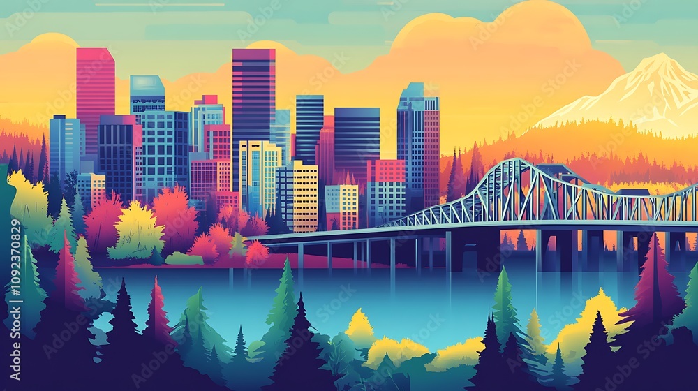 Stylized Sunset View of Portland, Oregon Skyline with Bridge and Mount Hood