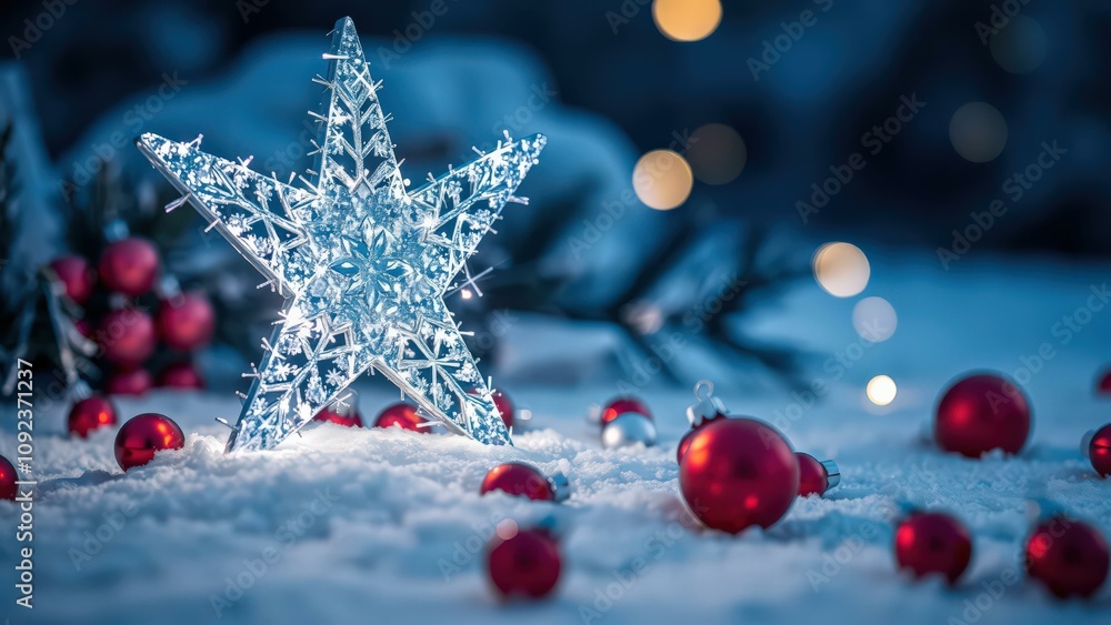 Fototapeta premium Enchanting Winter Wonderland Scene with Sparkling Silver Star and Red Baubles, Perfect for Holiday Greetings and Festive Decorations