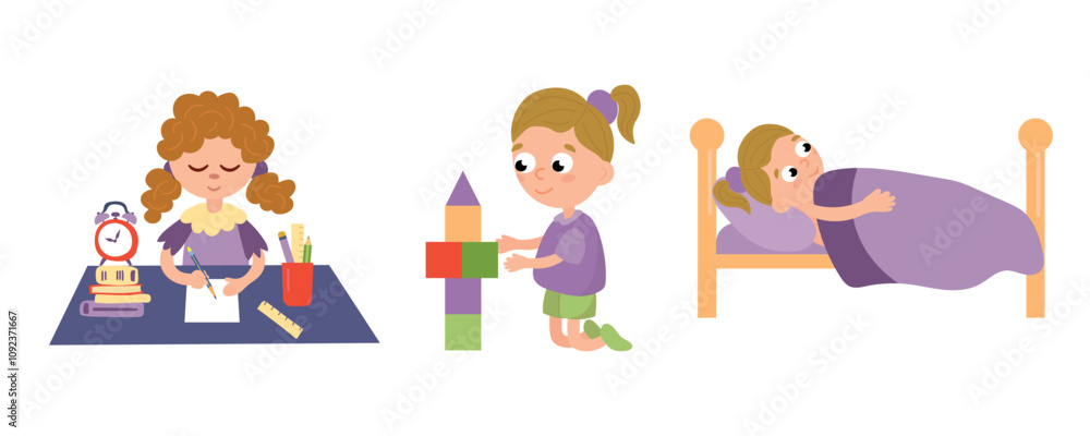 Fototapeta premium Child's daily routine. Does homework, plays, goes to bed. White background, isolate 