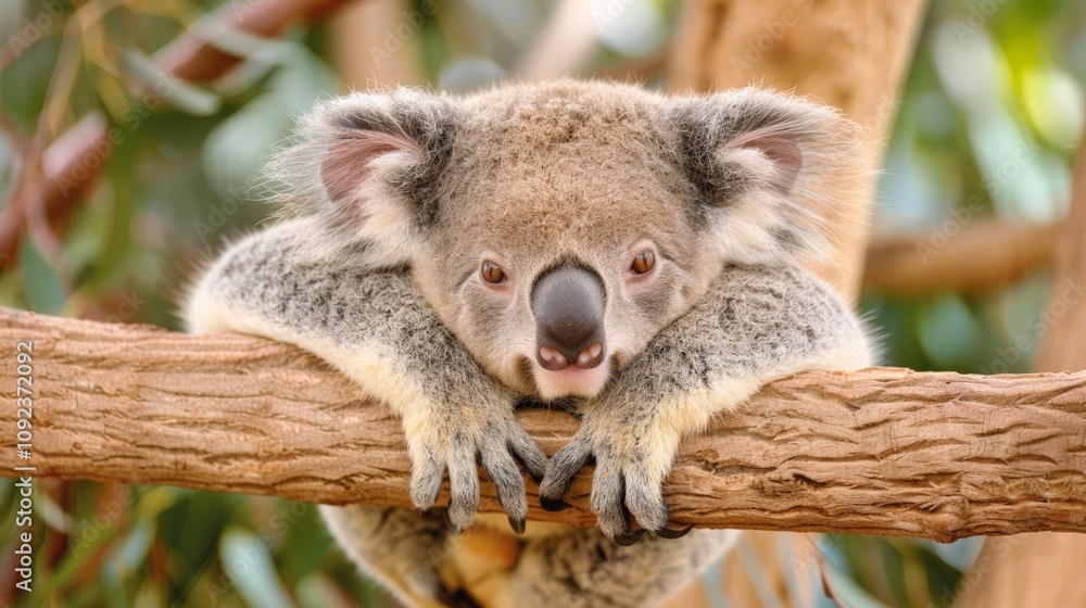 Fototapeta premium A peacefully sleeping koala hugging a tree, fully immersed in a tranquil rest. The close-up captures the serene bond with nature and a sense of calmness in the wild.