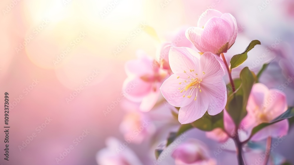 Obraz premium Elegant pink tulips in full bloom with soft green leaves, bathed in gentle sunlight.