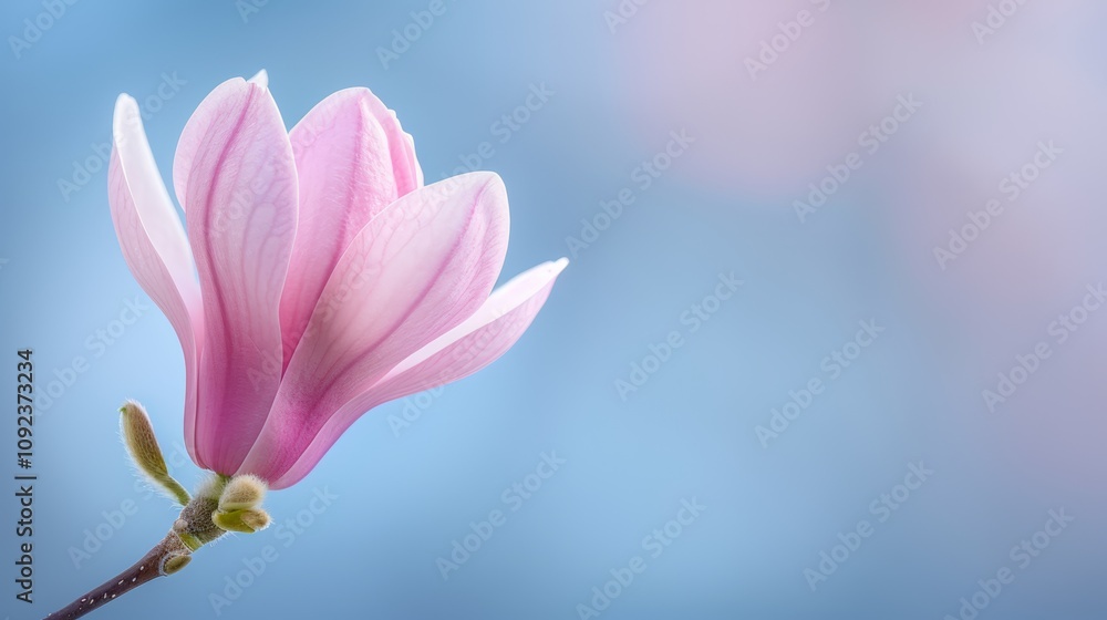Obraz premium Beautiful pink magnolia flowers blooming against a clear blue sky, symbolizing the arrival of spring.