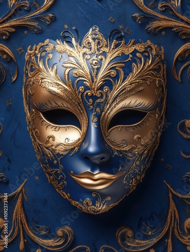 A gold and blue mask with gold trim photo