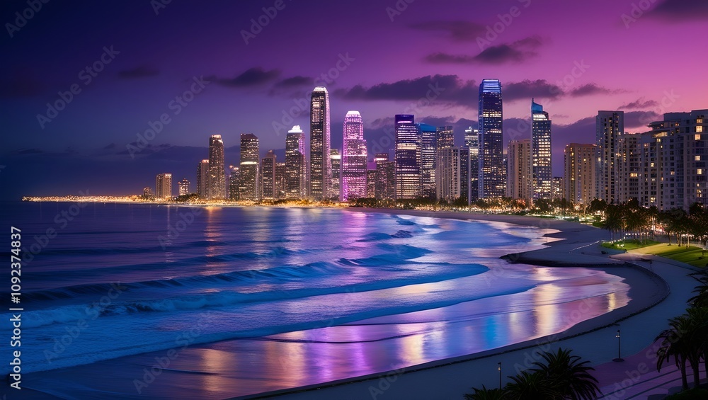 Fototapeta premium Twilight Reflections: A Coastal Cityscape at Dusk