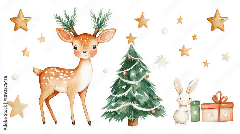 Fototapeta premium Hand drawn watercolor deer with a rabbit. Funny Xmas characters clip art. Christmas card design. Isolated on white Cute childish characters.