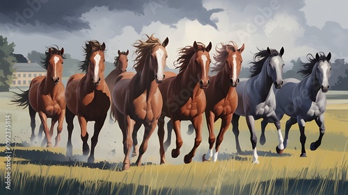 Seven horses running in the field water colour painting illustration image.