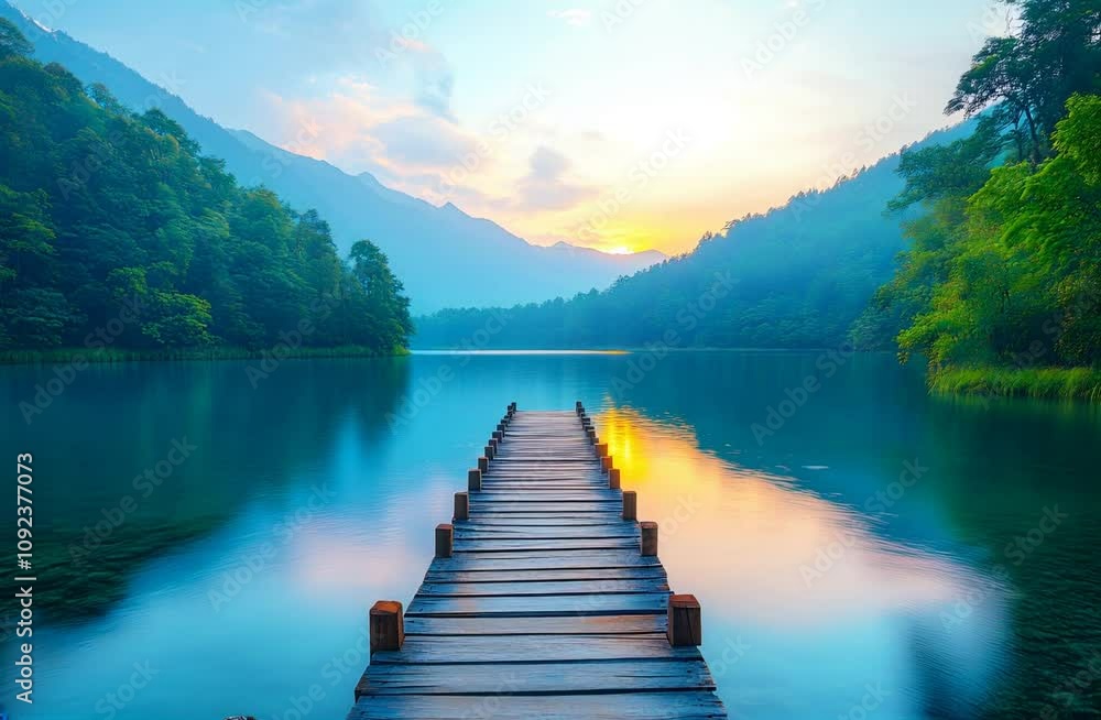 A serene wooden dock extends into a tranquil lake, surrounded by lush greenery and mountains, as the sun sets behind the horizon.

