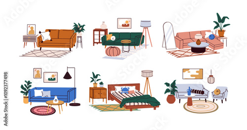 Modern living room and bedroom interior designs. Stylish home furniture, trendy style sofa, couch, armchair, coffee table, bed and cozy decor. Flat vector illustration isolated on white background