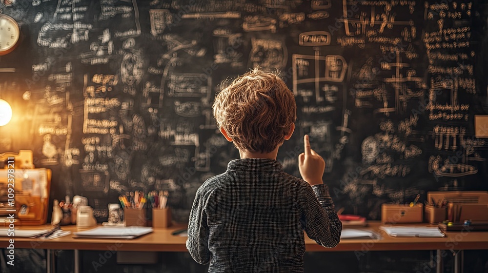 Young Boy Studying Complex Equations On Chalkboard Young Boy Studying Complex Equations On Chalkboard