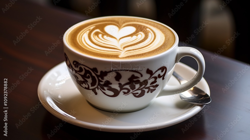 Artfully Crafted Latte with Intricate Heart and Leaf Designs in the Foam