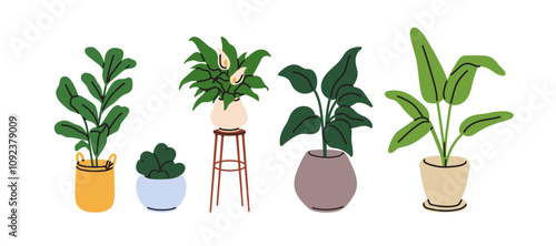Houseplants set. Green leaf plants in pots. Indoor greenery growing in planters. Stylish natural home and office decoration with leaves. Flat vector illustration isolated on white background