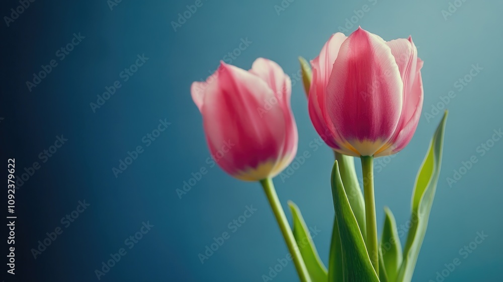 Obraz premium Pink tulips in a serene arrangement with soft petals and vibrant green leaves set against a smooth blue background, featuring ample blank space for text.