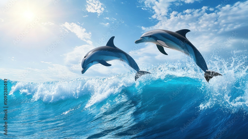 Fototapeta premium Two Dolphins Leaping Through Waves