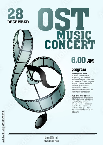Music from movies concert poster template design. Treble clef, film tape and musical note