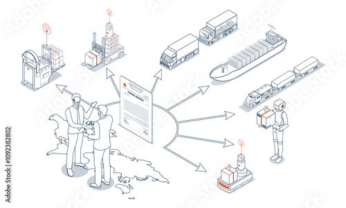 Business partners seal a global logistics agreement with a handshake, symbolized by a map and transportation modes in the background. Vector illustration eps10