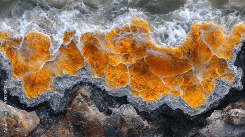 Aerial view of rocky coastline with orange algae. photo