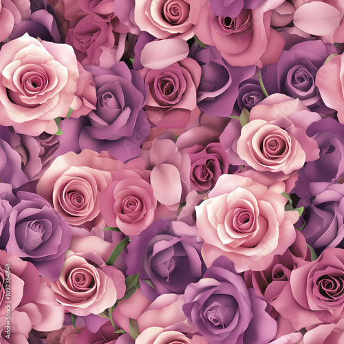 A bouquet of vibrant pink and purple roses in a seamless design, high resolution