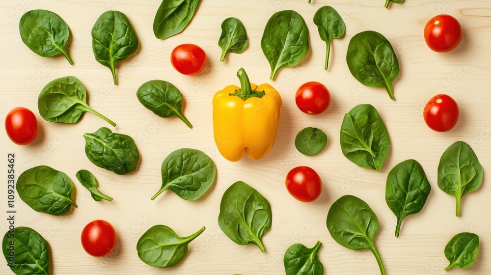 Fresh Veggie Medley: Spinach, Tomatoes, Yellow Pepper on Wood Fresh Veggie Medley: Spinach, Tomatoes, Yellow Pepper on Wood