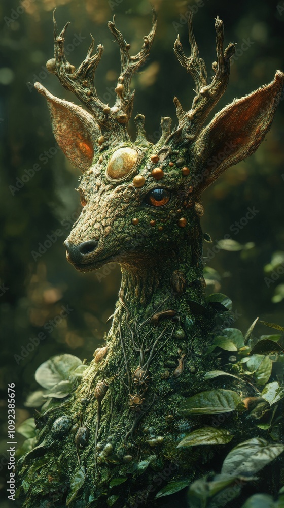 Obraz premium A mythical creature resembling a deer, adorned with foliage and a gem, set in a mystical forest environment.